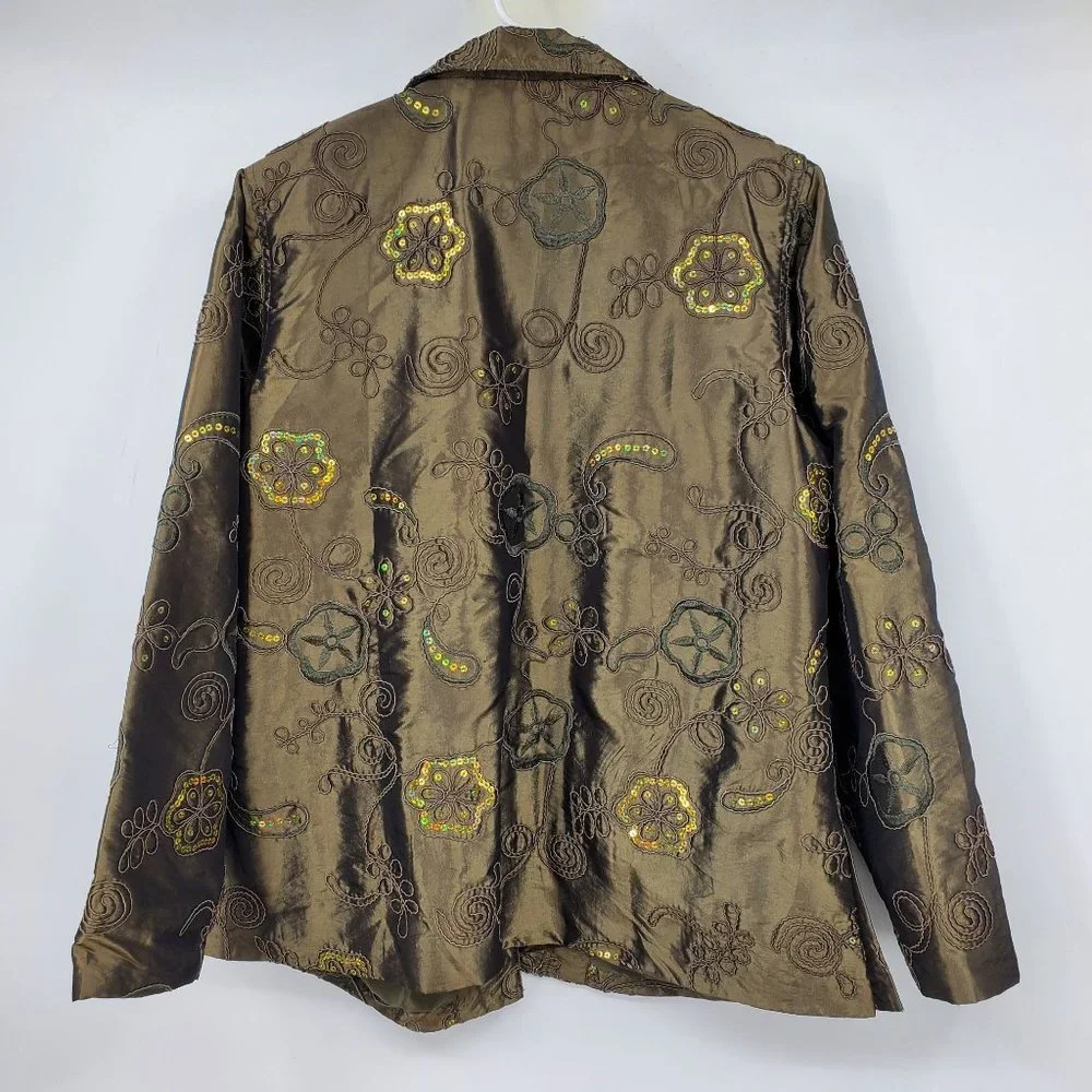 Susan Graver Style Green Floral Print Sequin Blazer Light Suit‎ Coat Large